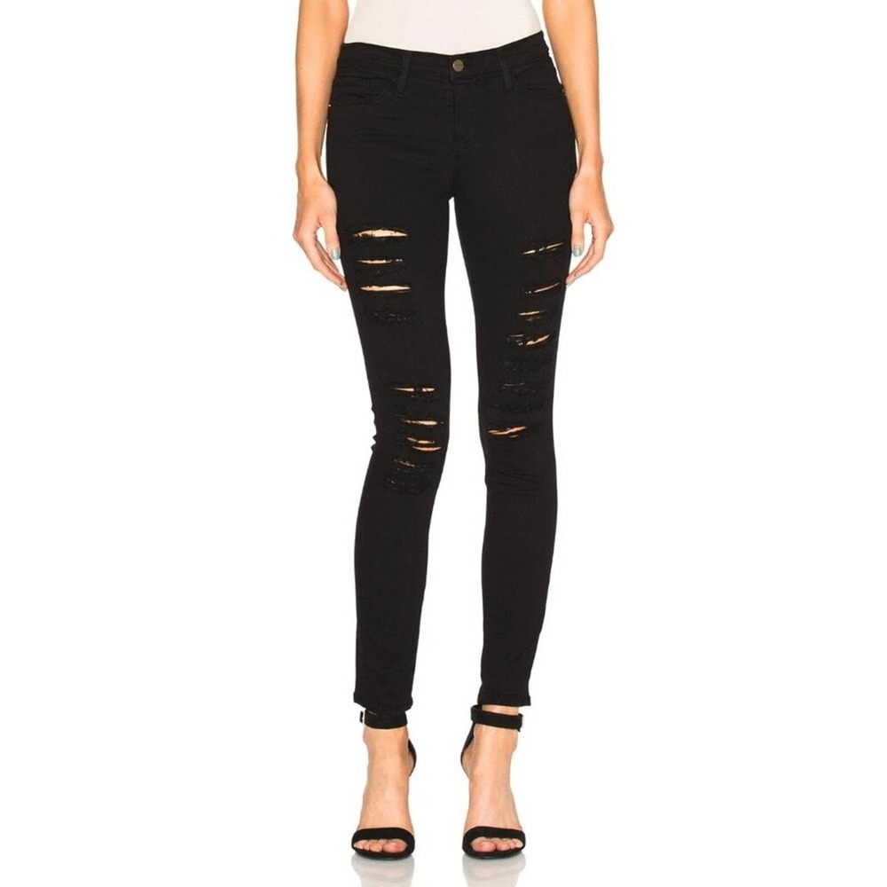 FRAME Le‎ Skinny de Jeanne Womens Size 28 Jeans Black Distressed Ripped Denim
